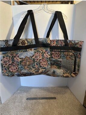 (2) Bovano Floral Patchwork Tapestry Tote Bag with Black Straps birds flowers